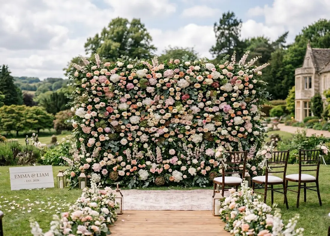 Large group photo against an 11x8 ft flower wall backdrop