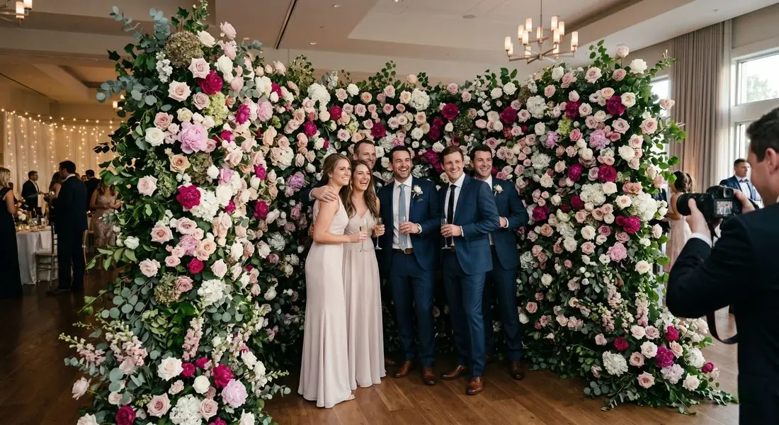 Semi-circular flower wall creating a dimensional photo space
