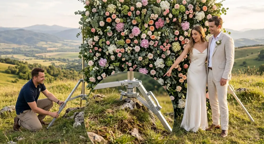 Flower wall installed on a sloped outdoor venue